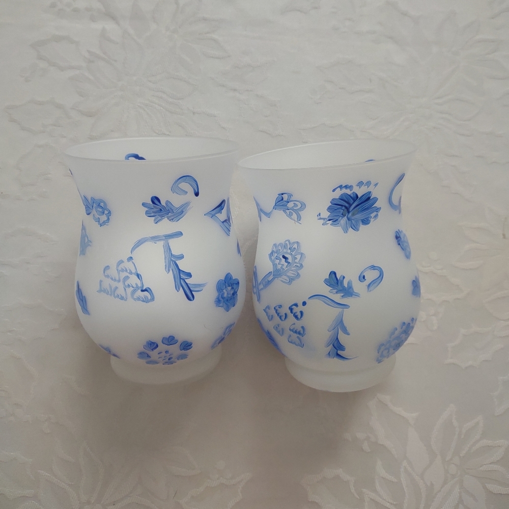 2 hand painted frosted glass hurricane votive holder candles decorative chips